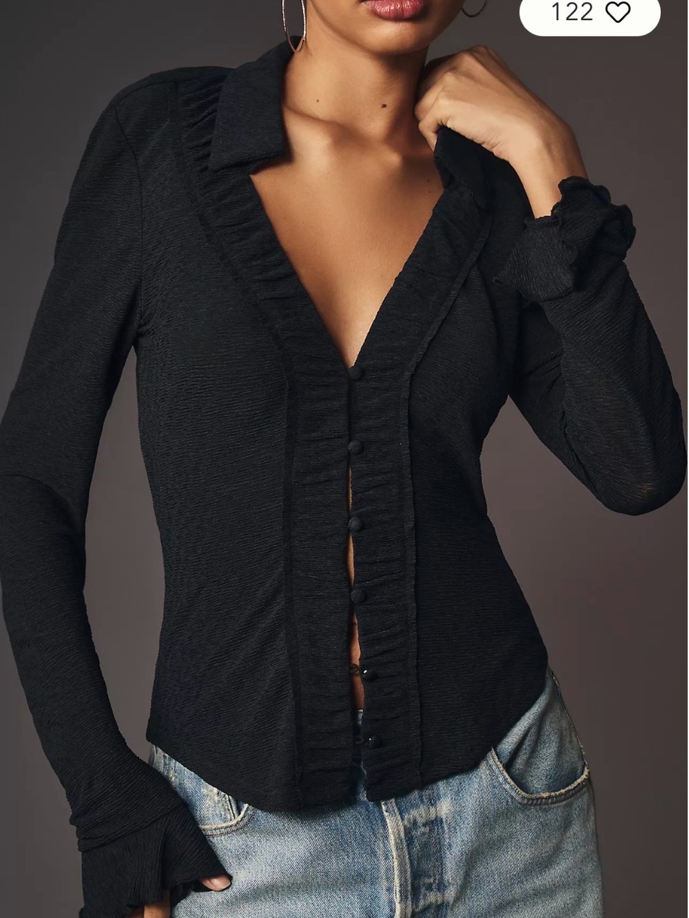 Anthropologie Black Ruffled Button-Down Top